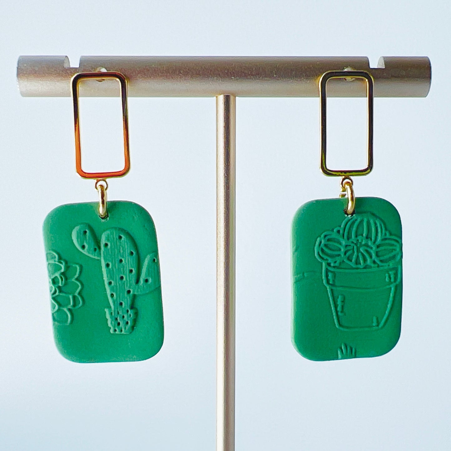 Gold & Green Rectangle Earrings with Embossed Succulent Pattern