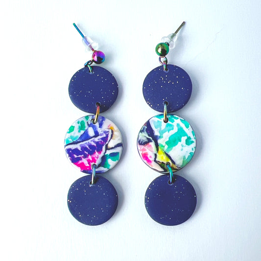 Purple Galaxy Dot Drop Earrings – Polymer Clay & Rainbow Posts