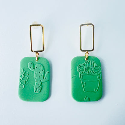 Gold & Green Rectangle Earrings with Embossed Succulent Pattern