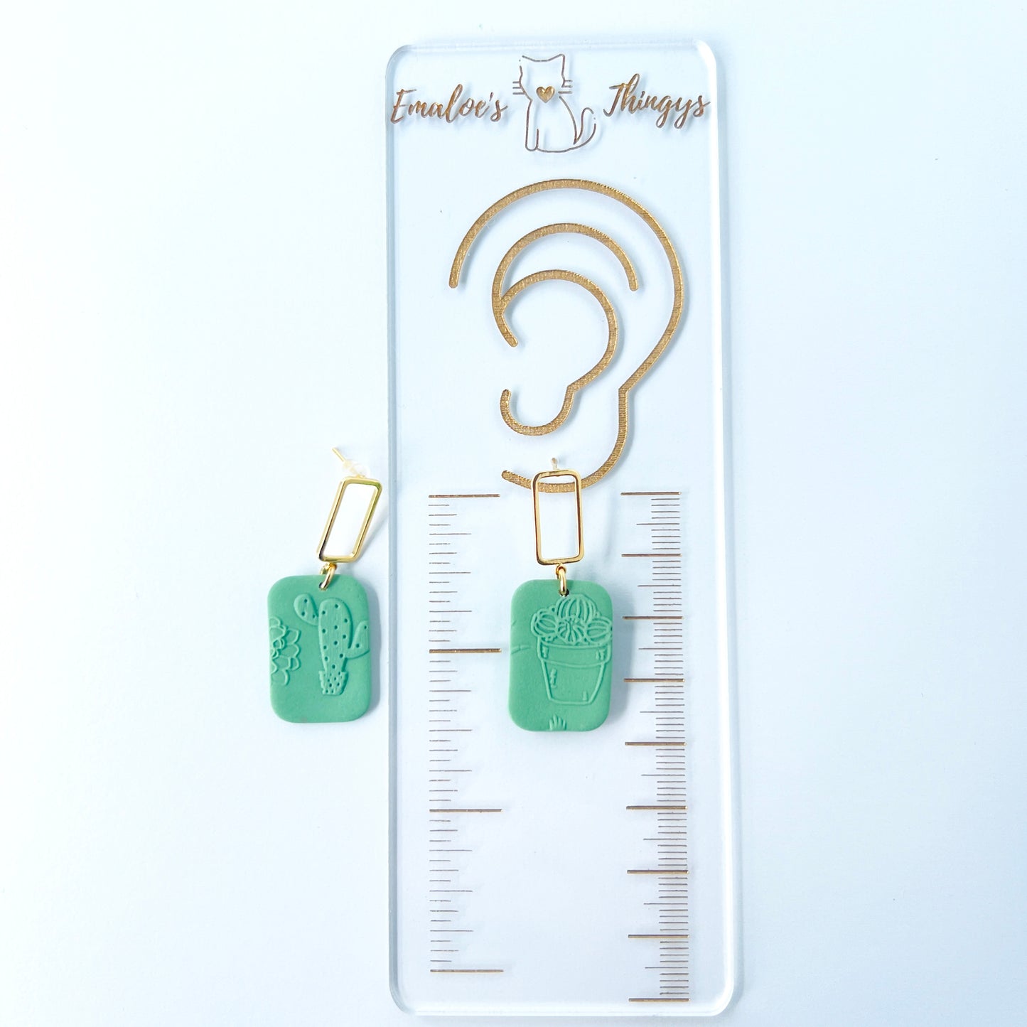 Gold & Green Rectangle Earrings with Embossed Succulent Pattern