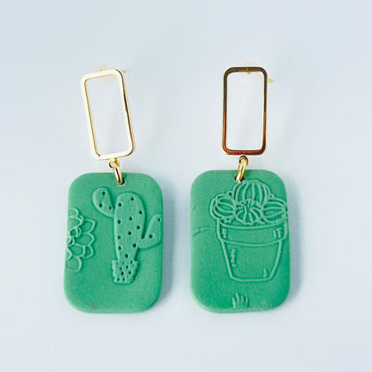 Gold & Green Rectangle Earrings with Embossed Succulent Pattern