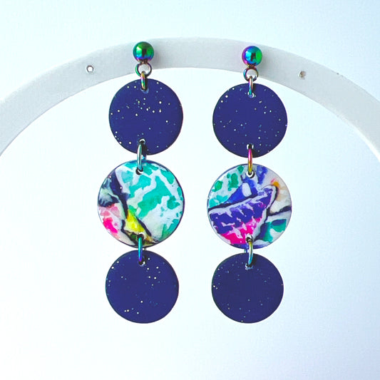 Purple Galaxy Dot Drop Earrings – Polymer Clay & Rainbow Posts