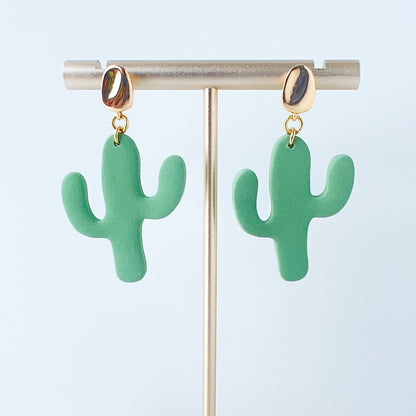 Gold Organic Posts with Green Cactus Earrings