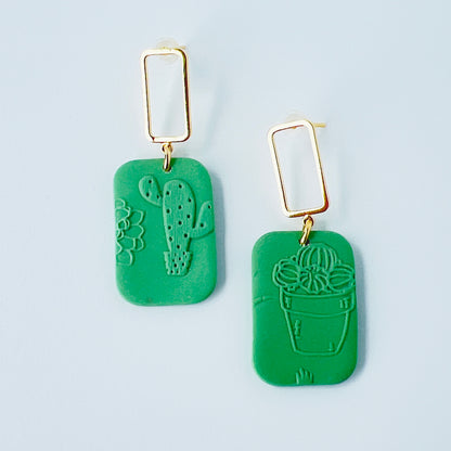 Gold & Green Rectangle Earrings with Embossed Succulent Pattern