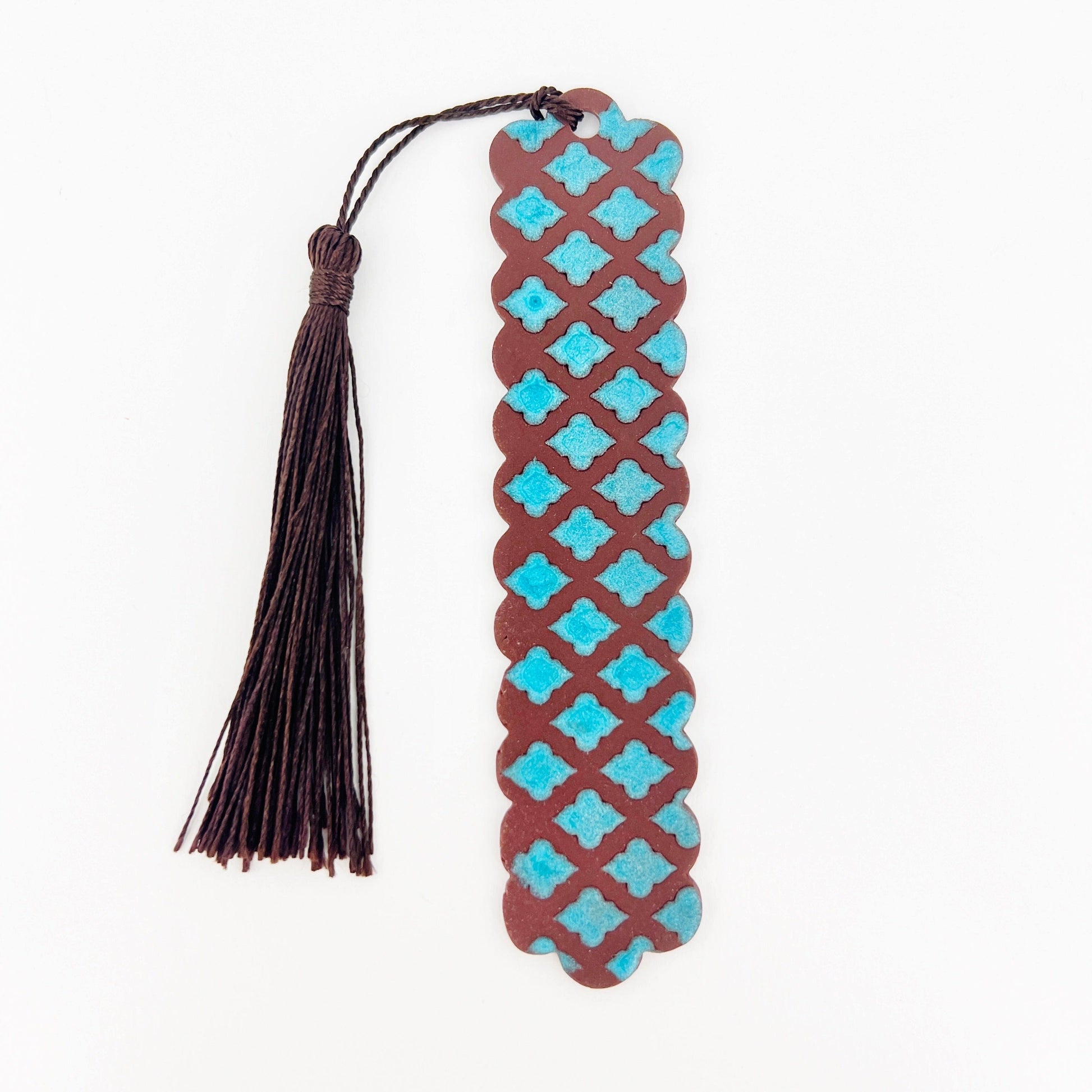 Bookmarks Brown with Teal Scallops - Brown Tassle Tall Scalloped Bookmarks