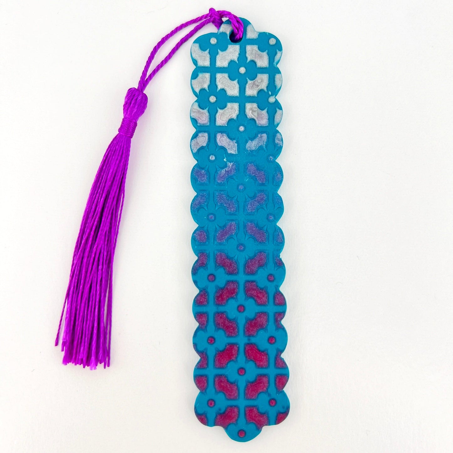 Bookmarks Pacfic Blue with Silver & Magenta Geometric Pattern Tall Scalloped Bookmarks