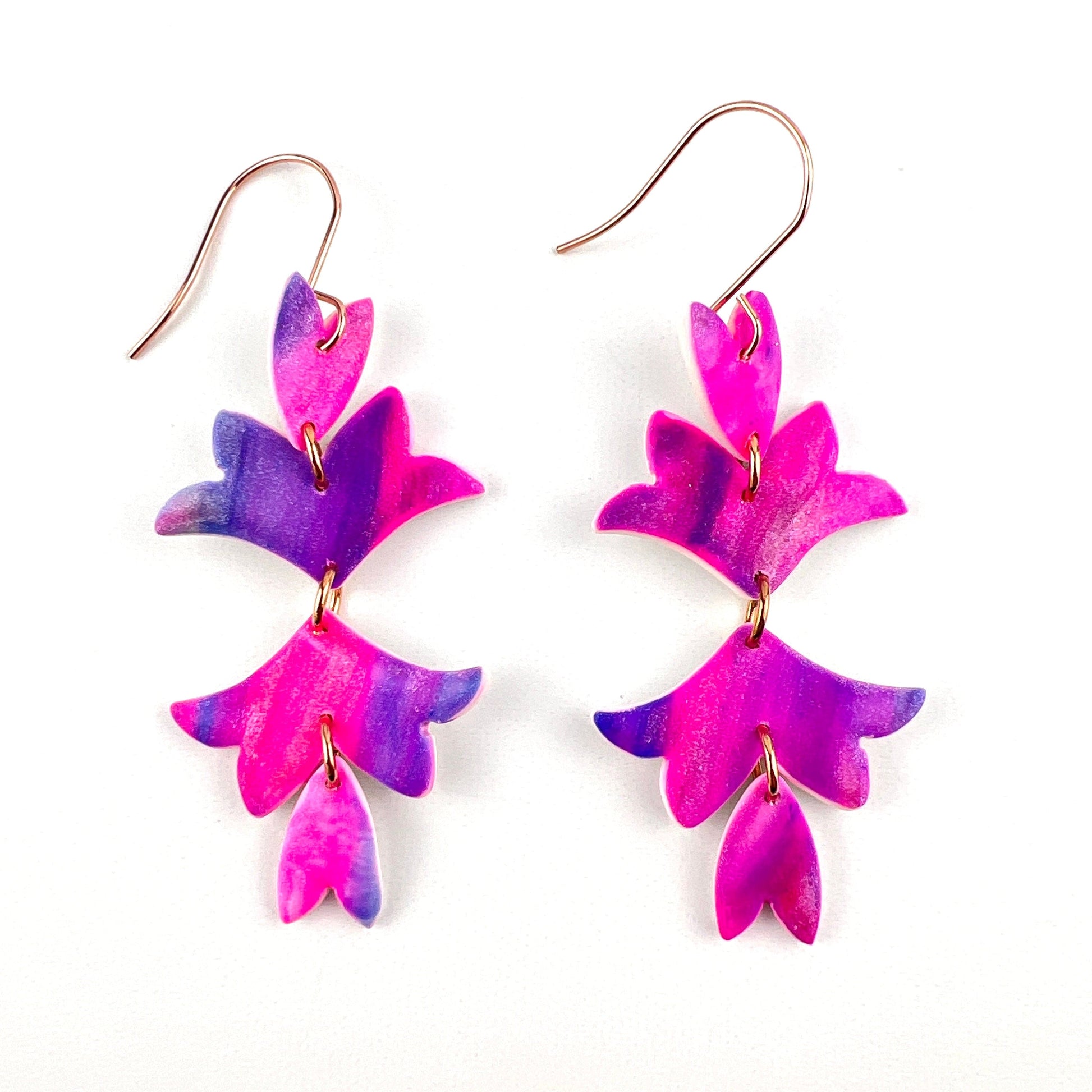 Bright Pink, Purple, Blue Silver Floral Leaf Earrings