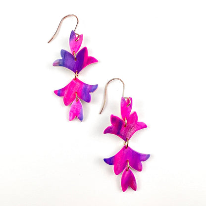Bright Pink, Purple, Blue Silver Floral Leaf Earrings