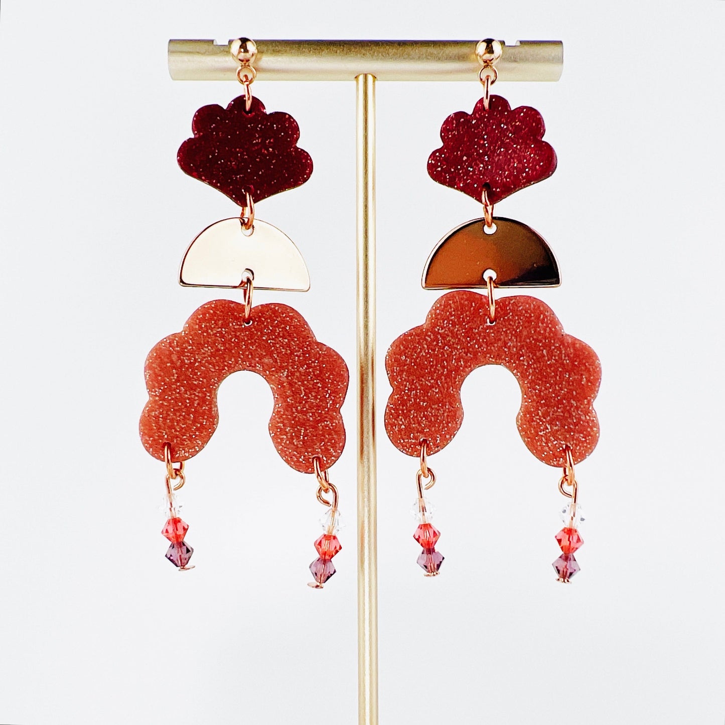 Earrings Angelica - Burgundy Clay Scallops, Rose Gold Half Moons & Rose Gold Scalloped Arches with Beaded Crystal Dangle Earrings