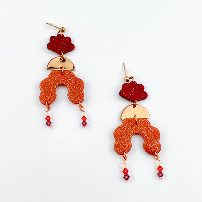 Earrings Angelica - Burgundy Clay Scallops, Rose Gold Half Moons & Rose Gold Scalloped Arches with Beaded Crystal Dangle Earrings