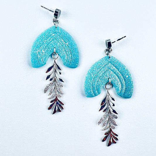 Earrings Ciela - Aqua Shimmering Lined Arches with Silver CZ Leaf Charm Earrings