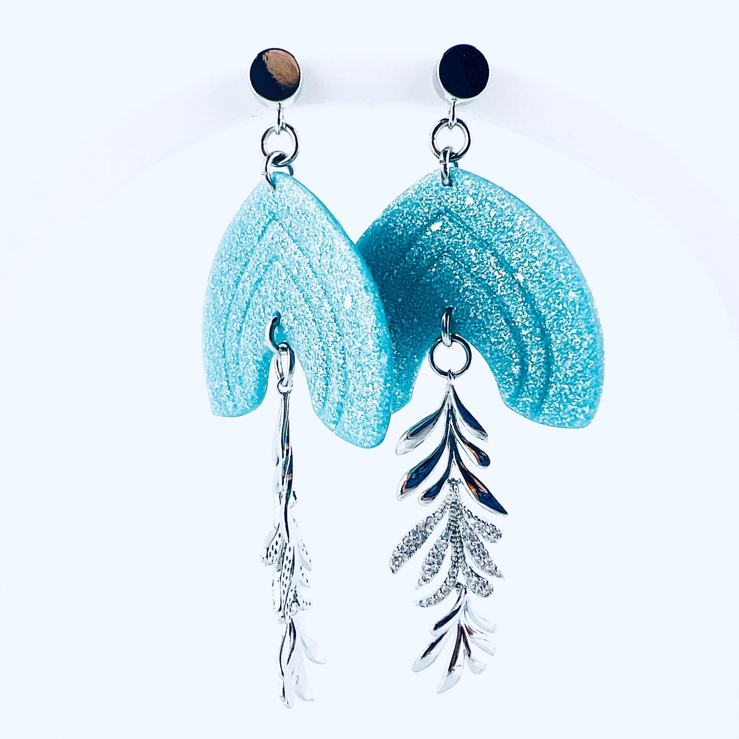 Earrings Ciela - Aqua Shimmering Lined Arches with Silver CZ Leaf Charm Earrings