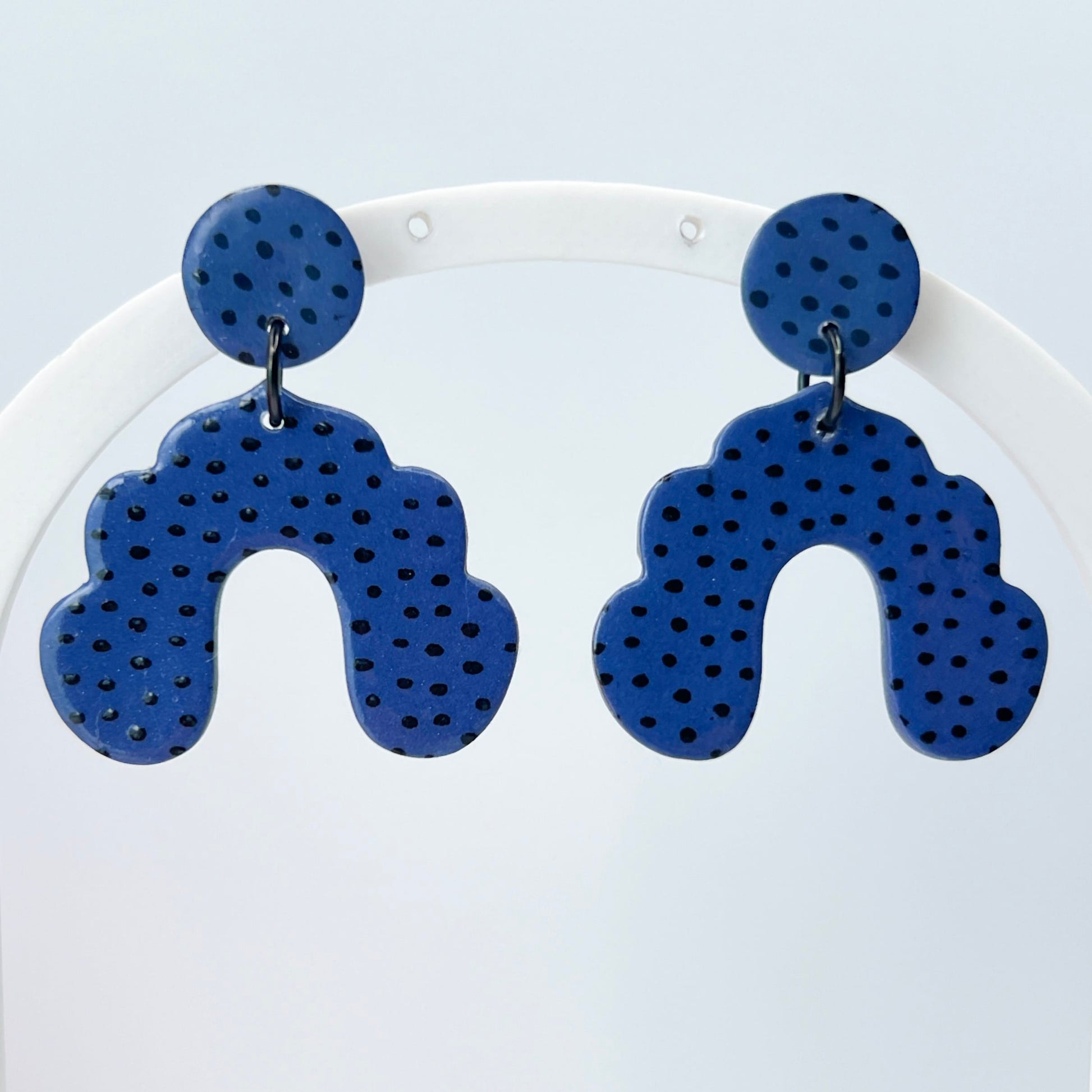 Earrings Denim Blue & Black Polka Dot Arch Earrings