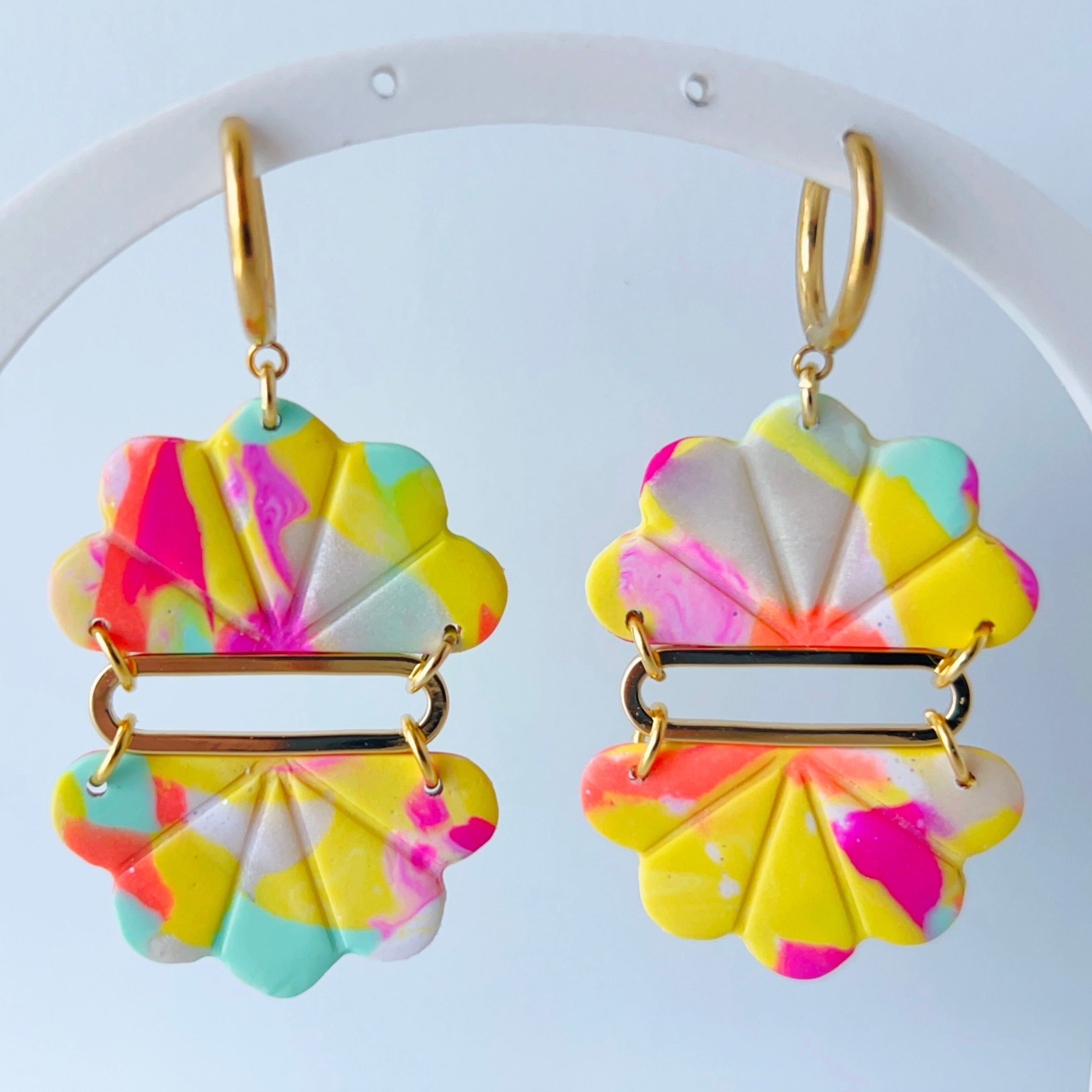 Earrings Yellow Color Burst Floral Fan Dangle Earrings – Handmade Polymer Clay