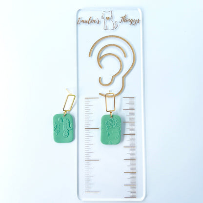 Earrings Gold & Green Rectangle Earrings with Embossed Succulent Pattern