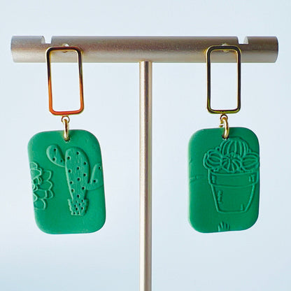 Earrings Gold & Green Rectangle Earrings with Embossed Succulent Pattern