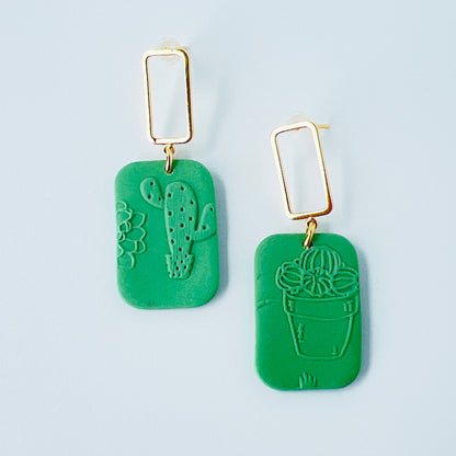 Earrings Gold & Green Rectangle Earrings with Embossed Succulent Pattern