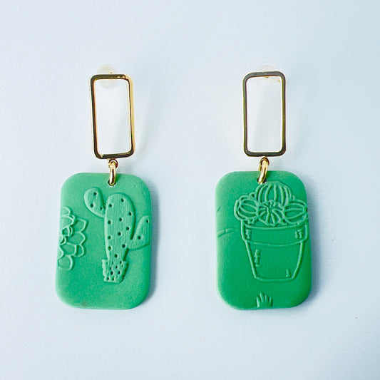 Earrings Gold & Green Rectangle Earrings with Embossed Succulent Pattern