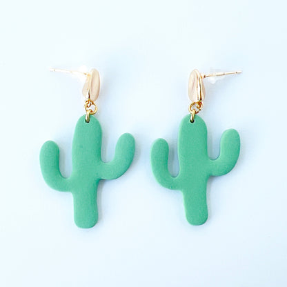 Earrings Gold Organic Posts with Green Cactus Earrings