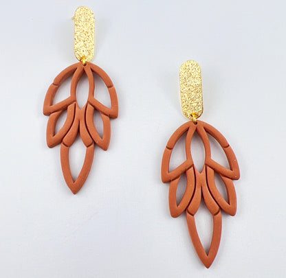 Earrings Gold Oval & Brown Leaf Earrings