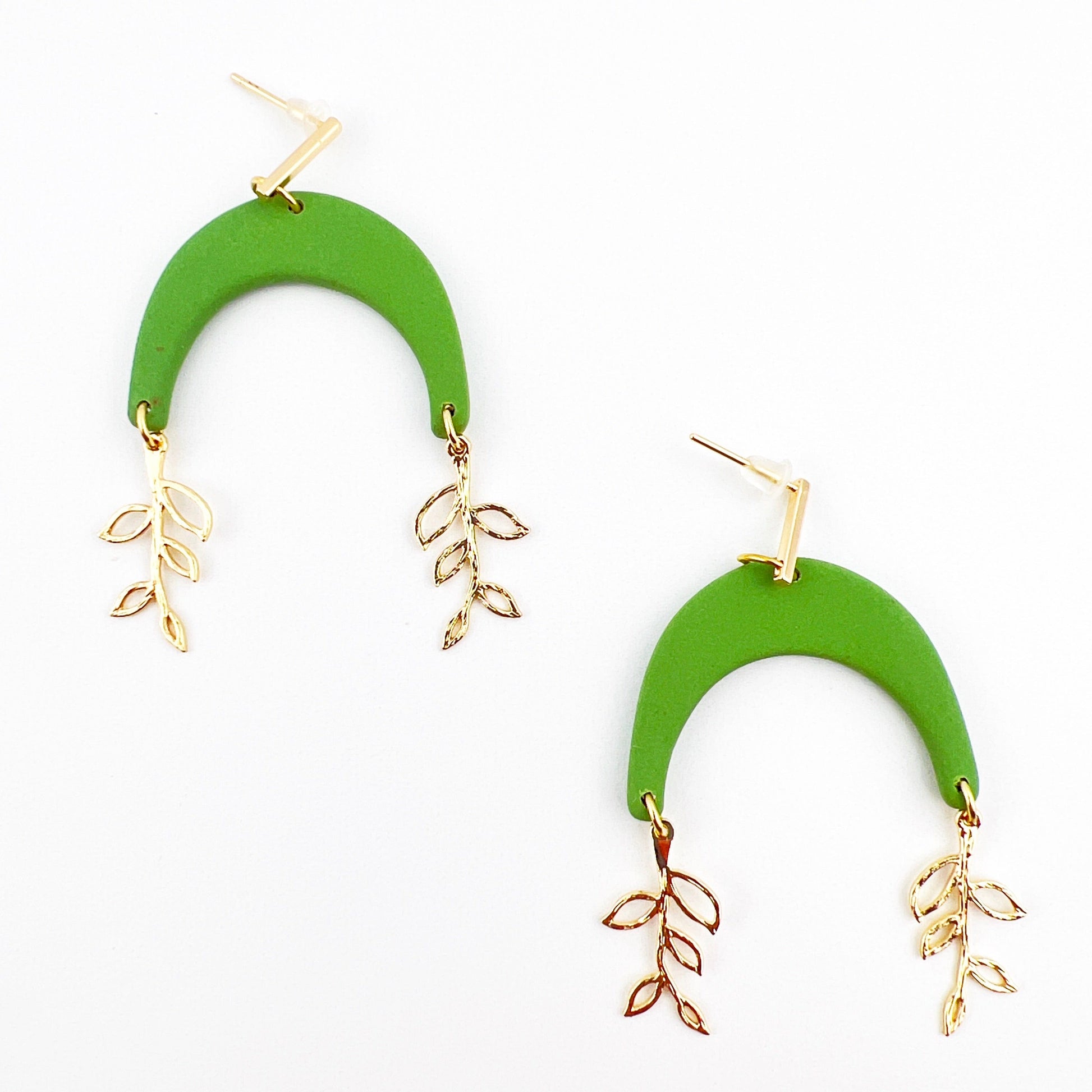 Earrings Green Arches with Gold Vine Charms Earrings