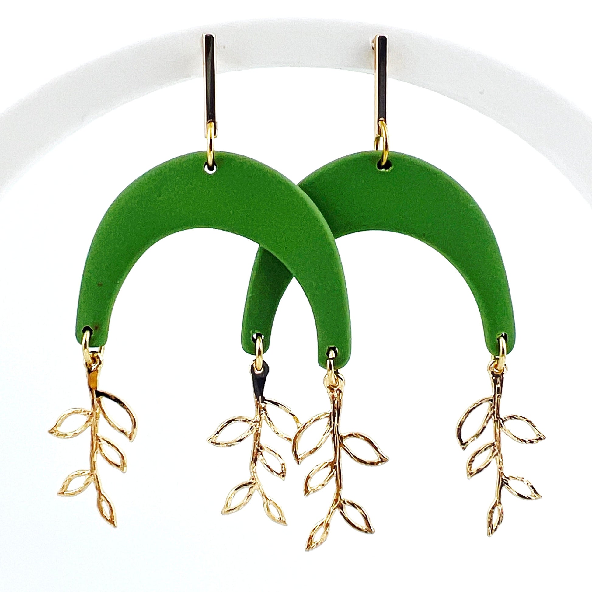 Earrings Green Arches with Gold Vine Charms Earrings