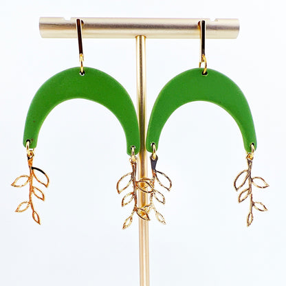 Earrings Green Arches with Gold Vine Charms Earrings