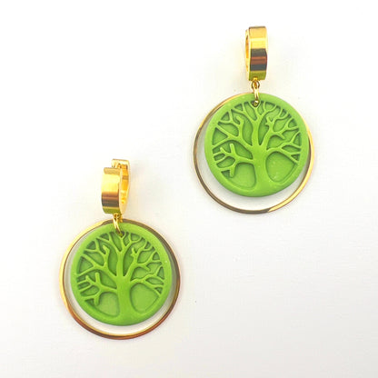 Earrings Green Tree of Life Circle Earrings