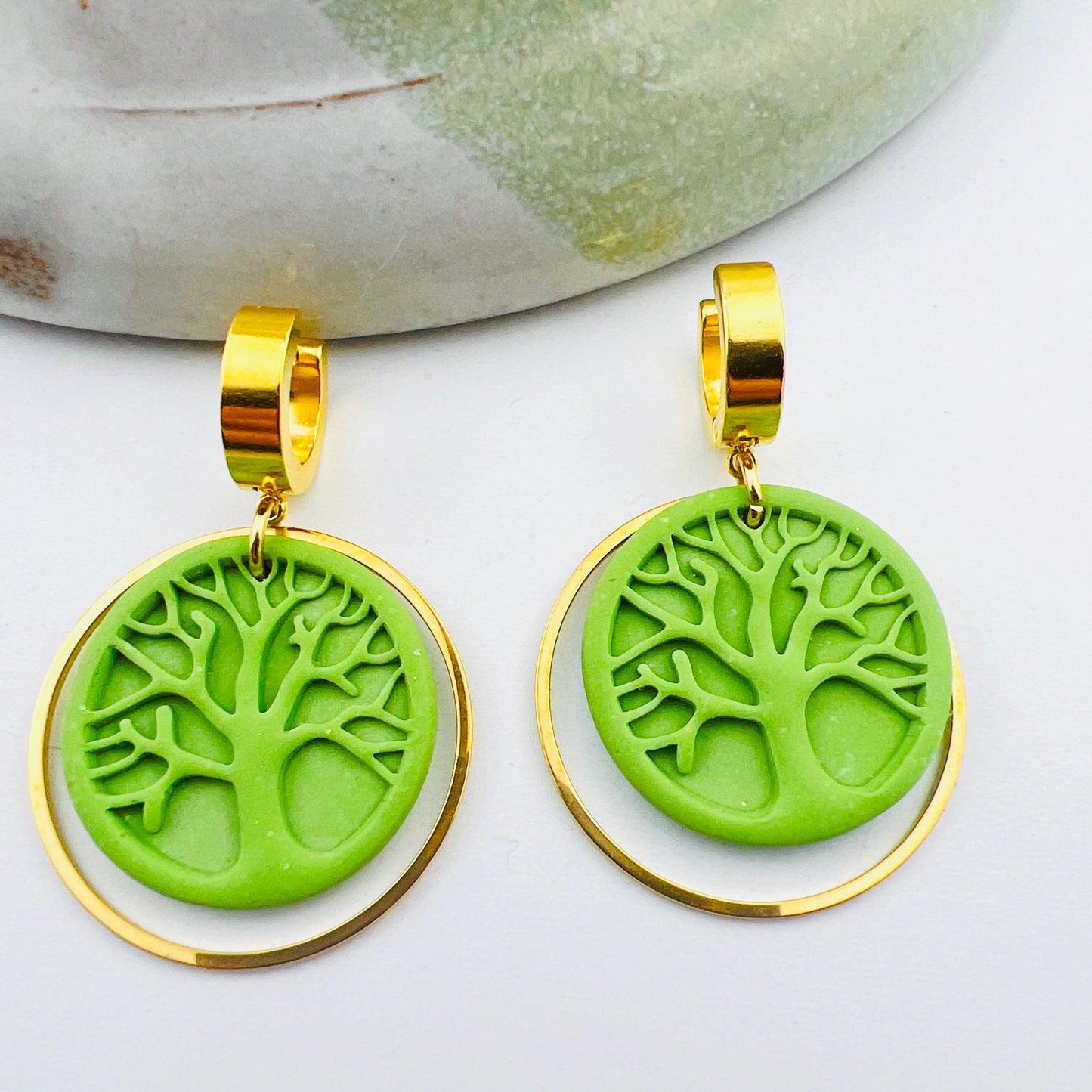 Earrings Green Tree of Life Circle Earrings