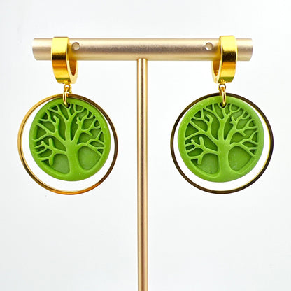 Earrings Green Tree of Life Circle Earrings