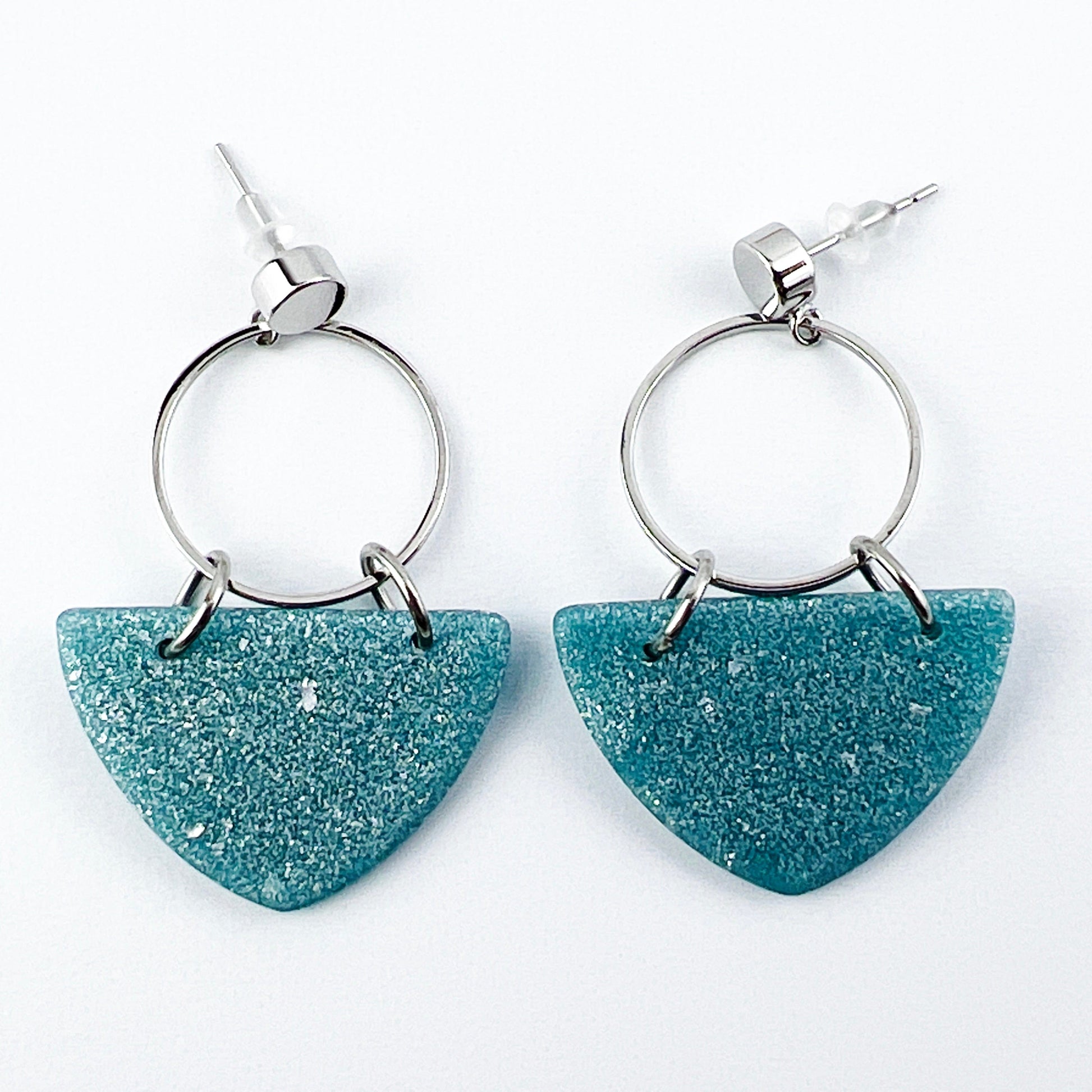 Earrings Kalani - Silver Circle & Shimmering Aqua Curved Triangle Earrings