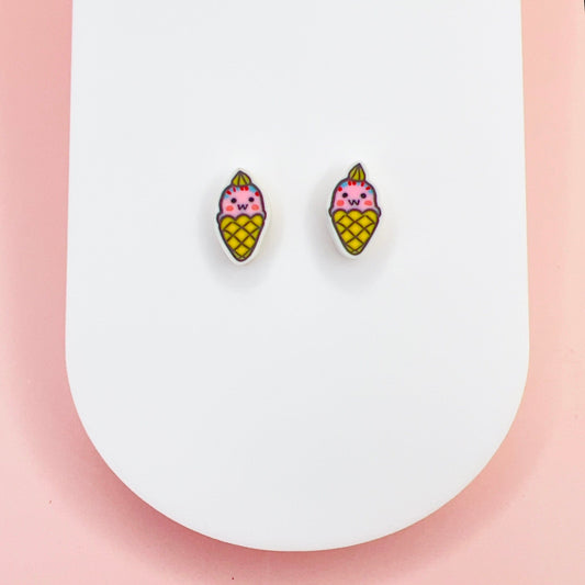 Earrings Kawaii Ice Cream Cone Stud Earrings – Titanium or Plastic Posts