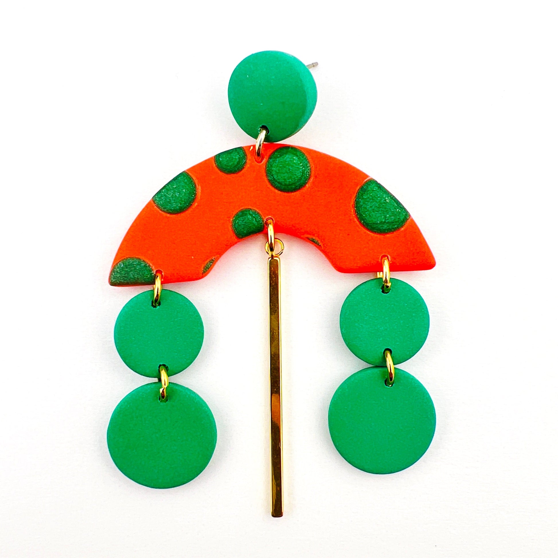 Earrings Orange Arches with Green Polka Dots - Earrings