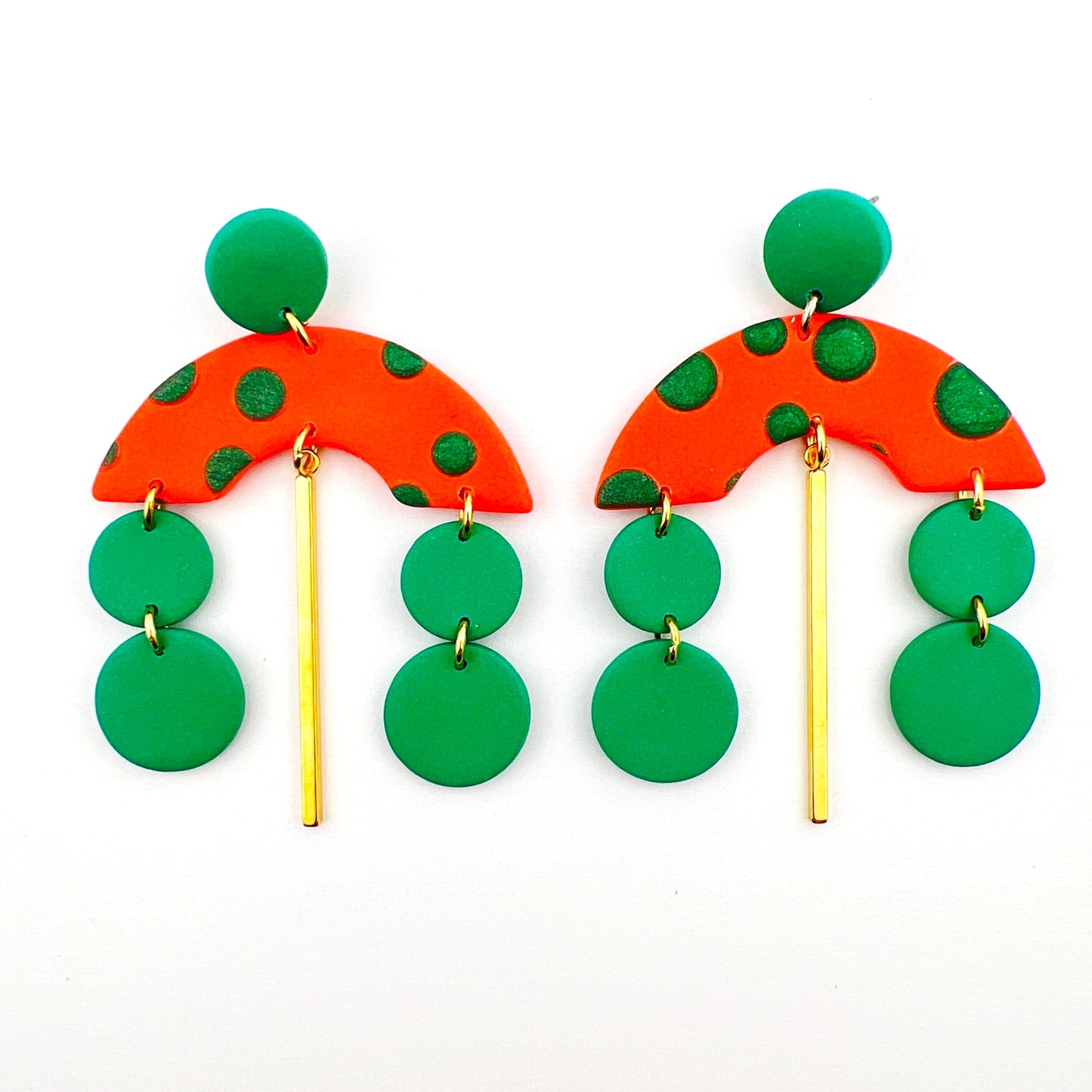 Earrings Orange Arches with Green Polka Dots - Earrings