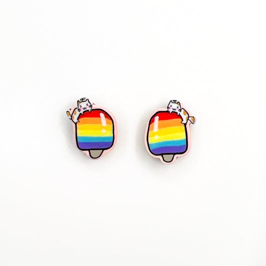 Earrings Rainbow Popsicle Cat Stud Earrings - Titanium or Plastic Posts