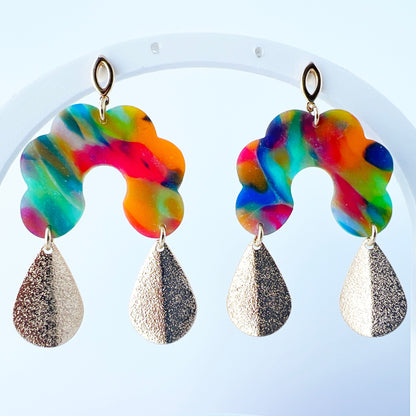 Earrings Rainbow Swirl Statement Earrings – Gold Post Polymer Clay
