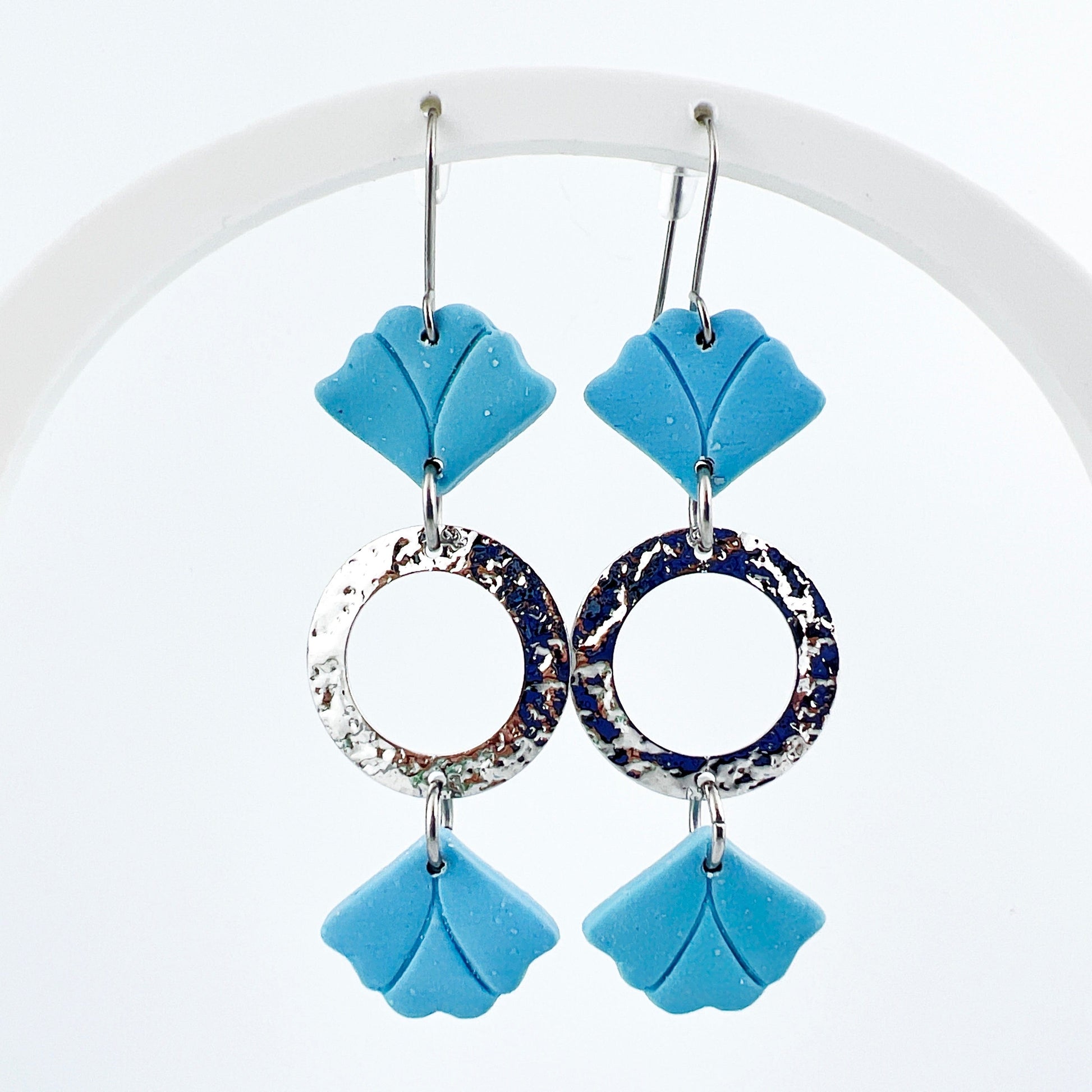 Earrings Sema - Blue Floral Leaf Earrings with Hammered Circles