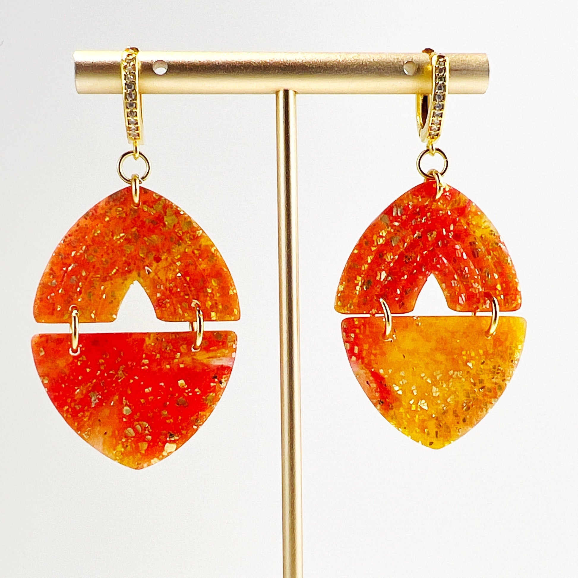 Earrings Solfrid - orange, yellow, & gold polymer clay arch earrings