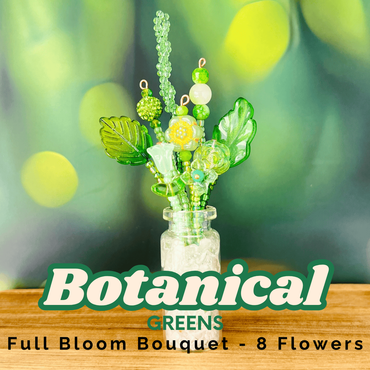 Home Decor Botanical Greens / Full Bloom Mini Beaded Flower Bouquet in Glass Vase – Handmade Forever Flowers