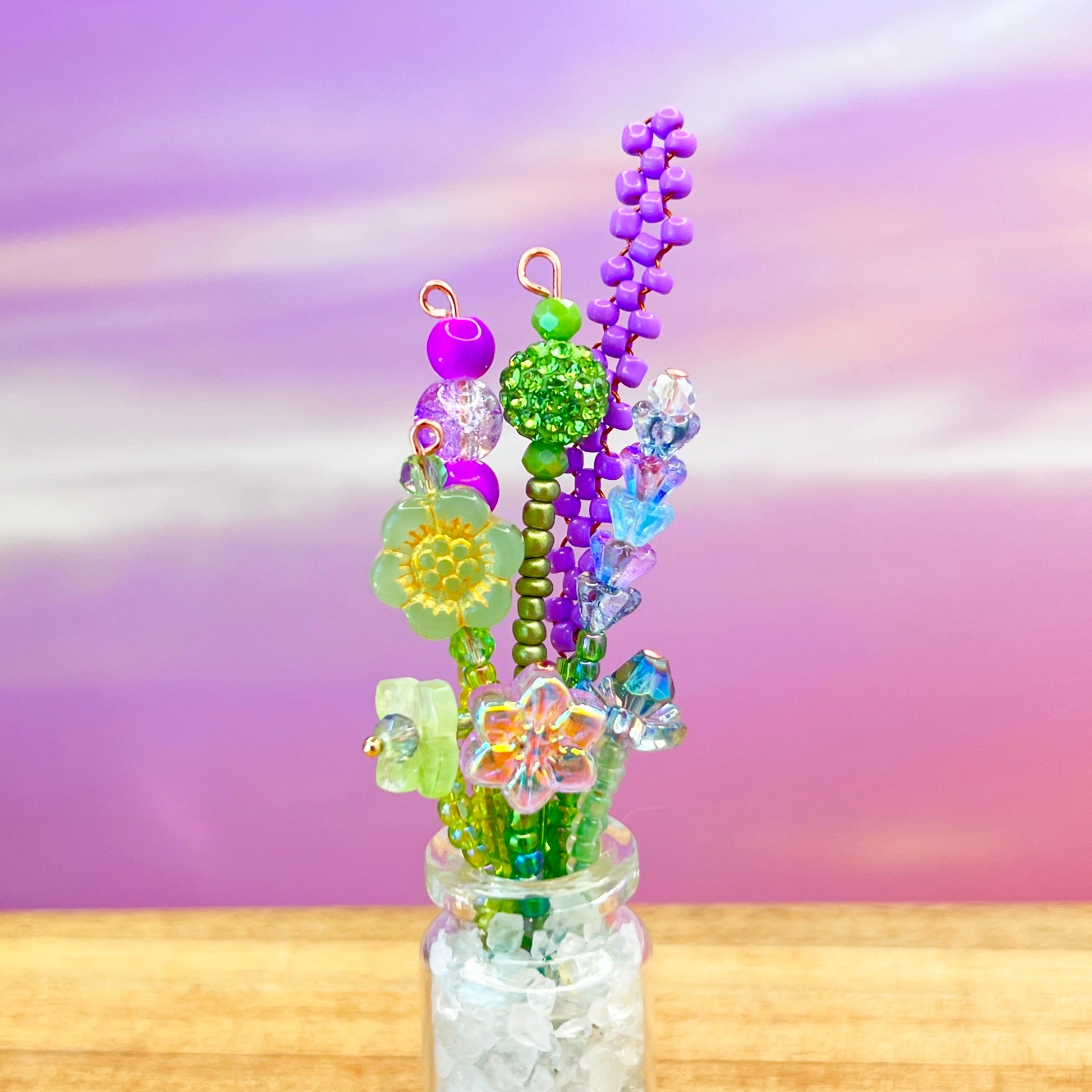Home Decor Mini Beaded Flower Bouquet in Glass Vase – Handmade Forever Flowers