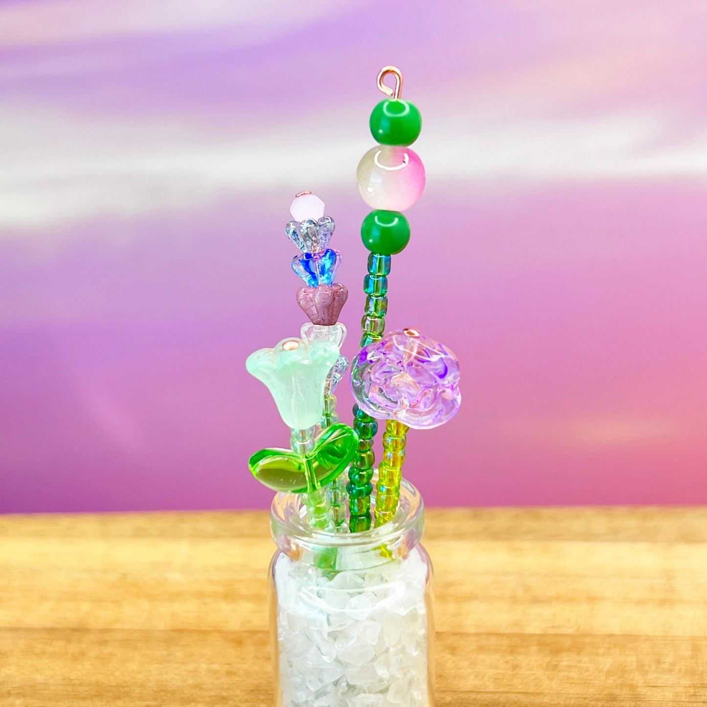 Home Decor Mini Beaded Flower Bouquet in Glass Vase – Handmade Forever Flowers