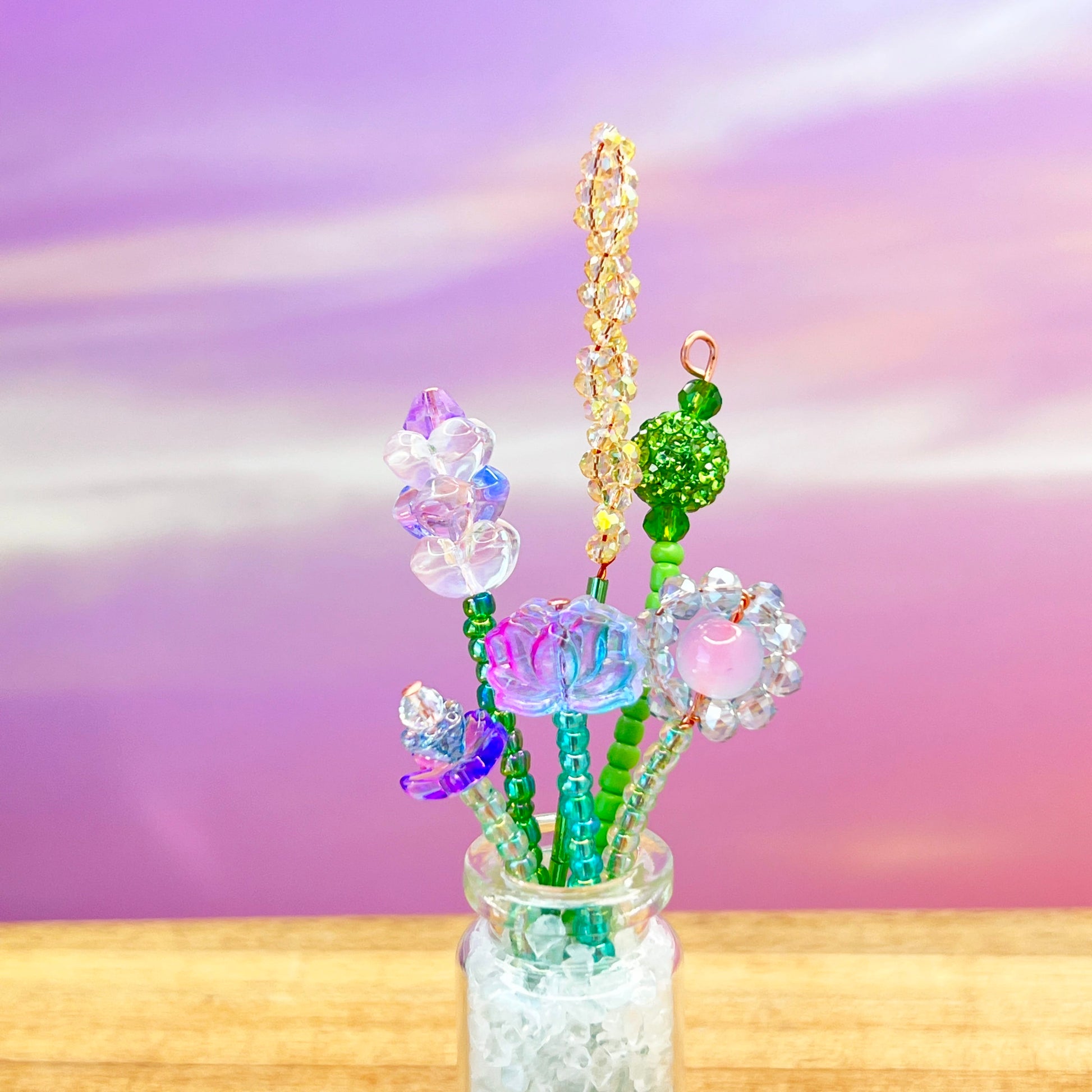 Home Decor Mini Beaded Flower Bouquet in Glass Vase – Handmade Forever Flowers