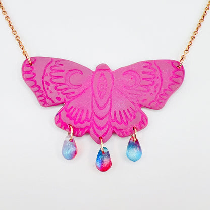 Necklace Plum Pink | Rose Gold Beaded Moth Necklace