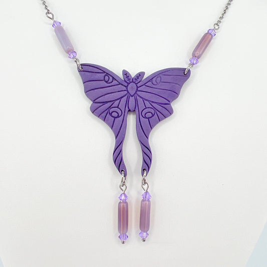 Necklace Mauve & Steel Color with Violet Bicone & Cylinder Beads Moth Necklace with Beads