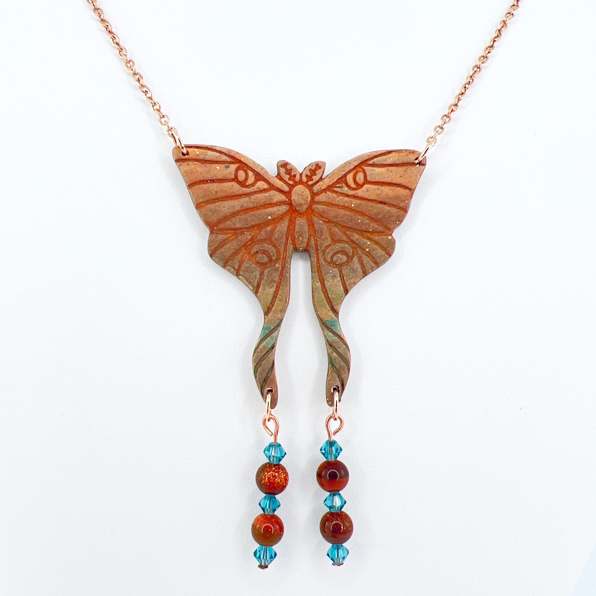 Necklace Brown & Rose Gold with Indicolite Bicone & Goldstone Beads Moth Necklace with Beads