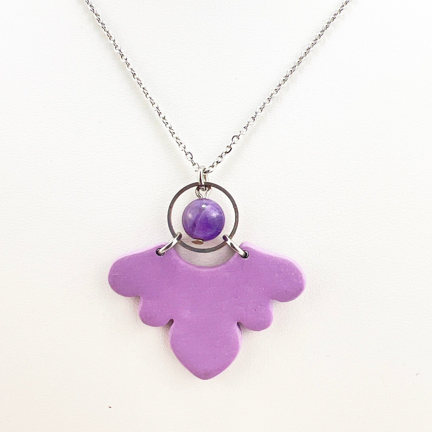 Necklace With Amethyst Bead Purple Scallop & Silver Circle Necklace