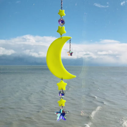 Neon Yellow Moon & Stars Solar Glow Suncatcher