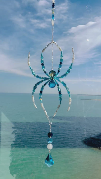 Sea Glass Spider – Blue & Aqua Beaded Spider Suncatcher