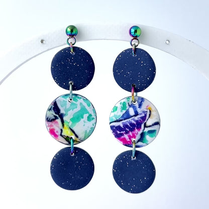 Purple Galaxy Dot Drop Earrings – Polymer Clay & Rainbow Posts