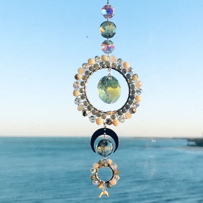 Celestial Moon Drift Suncatcher – White & Blue Beaded Window Decor